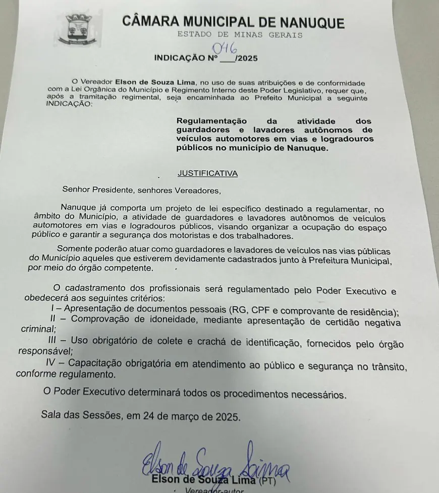 Vereador Elson Lima propõe regulamentação para guardadores e lavadores de veículos em Nanuque