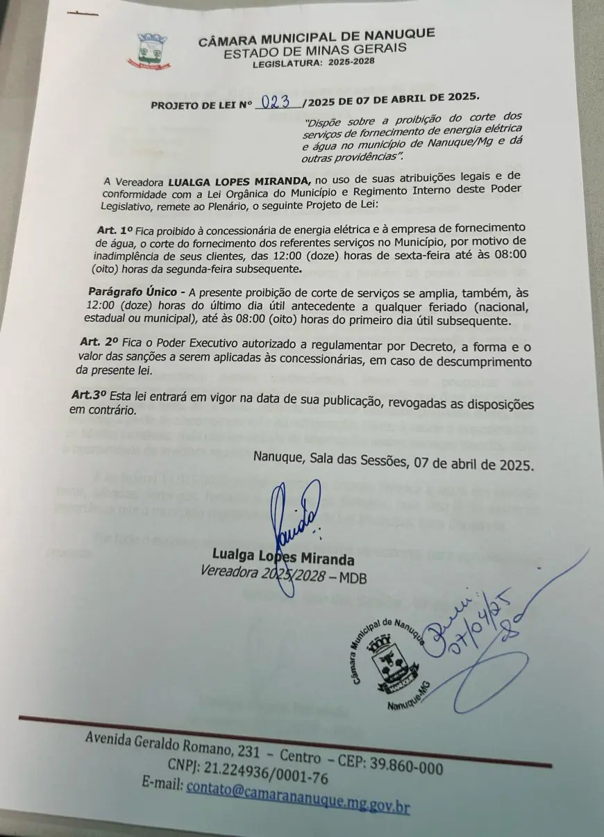vereadora Lualga Lopes  propõe lei que impede corte de água e luz antes do fim de semana