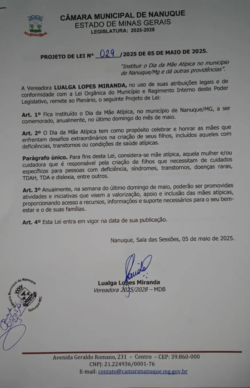 Lualga Lopes propõe criação do “Dia da Mãe Atípica” e cobra cumprimento de auxílio a pacientes em tratamento fora de Nanuque