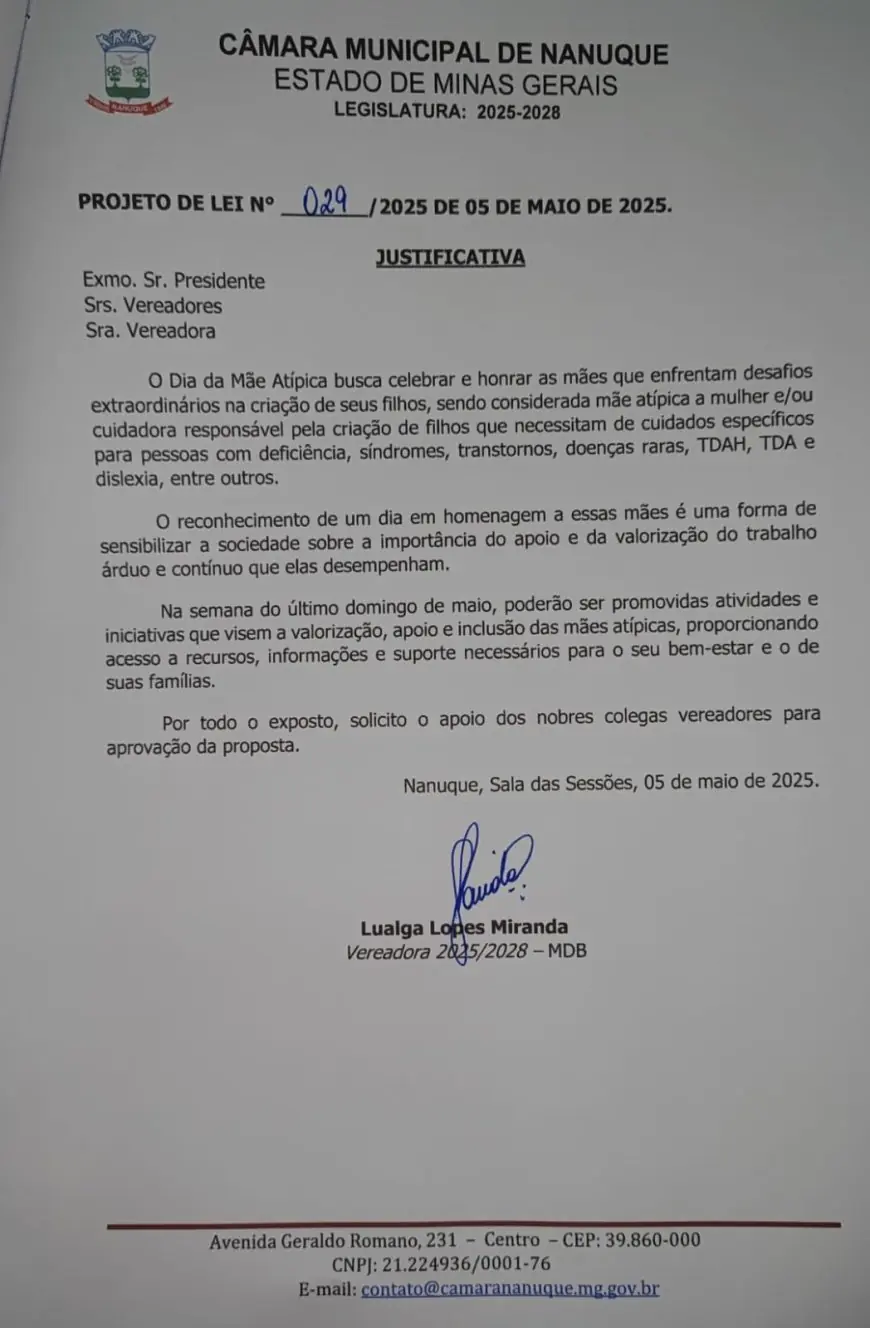 Lualga Lopes propõe criação do “Dia da Mãe Atípica” e cobra cumprimento de auxílio a pacientes em tratamento fora de Nanuque