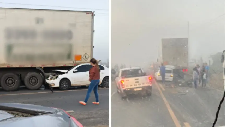Carro bate em caminhão sob forte neblina e complica trânsito na ES 220, em Nova Venécia