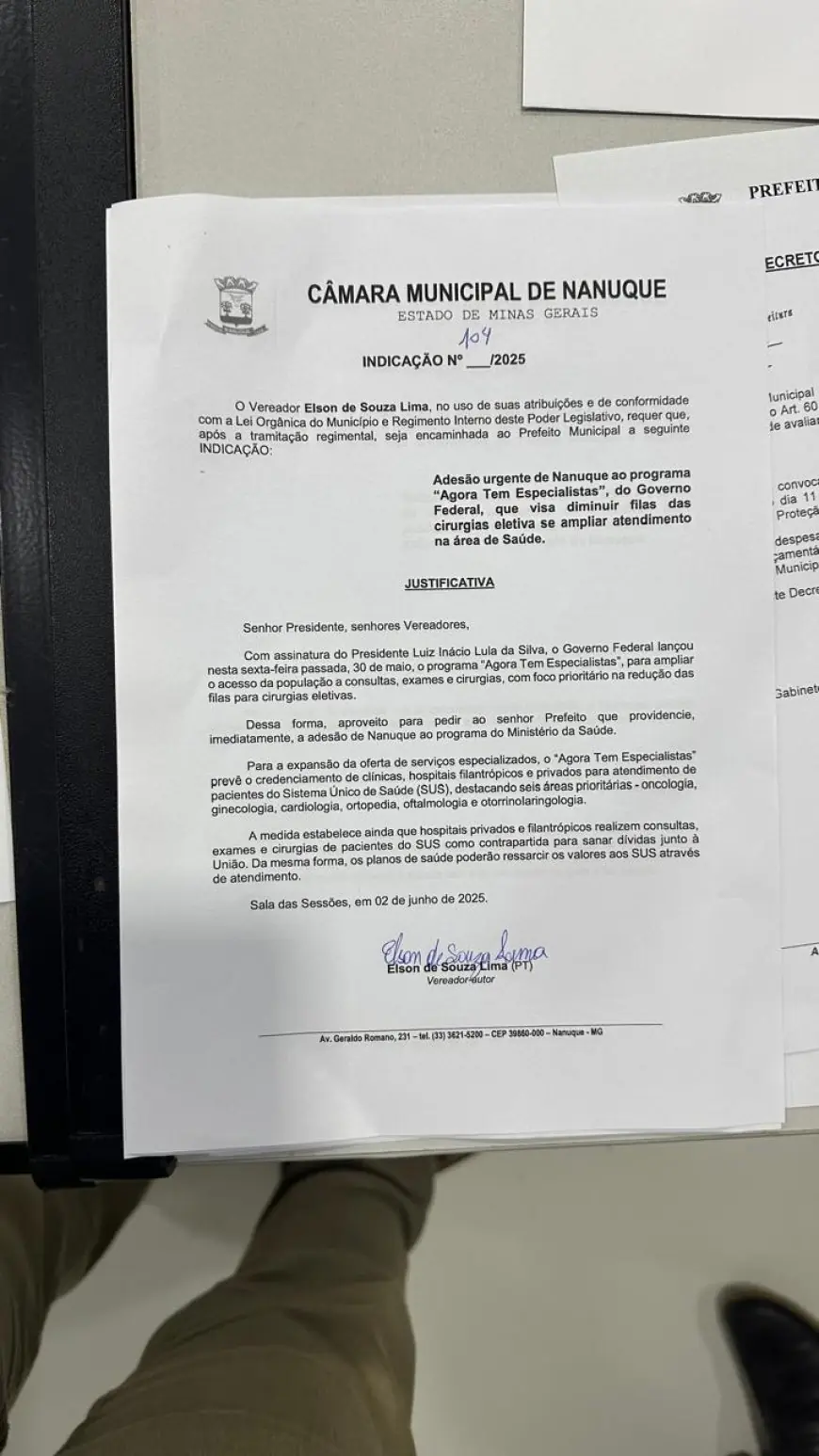 Vereador Elson Lima propõe incentivos à produção rural e adesão urgente de Nanuque ao programa federal de saúde